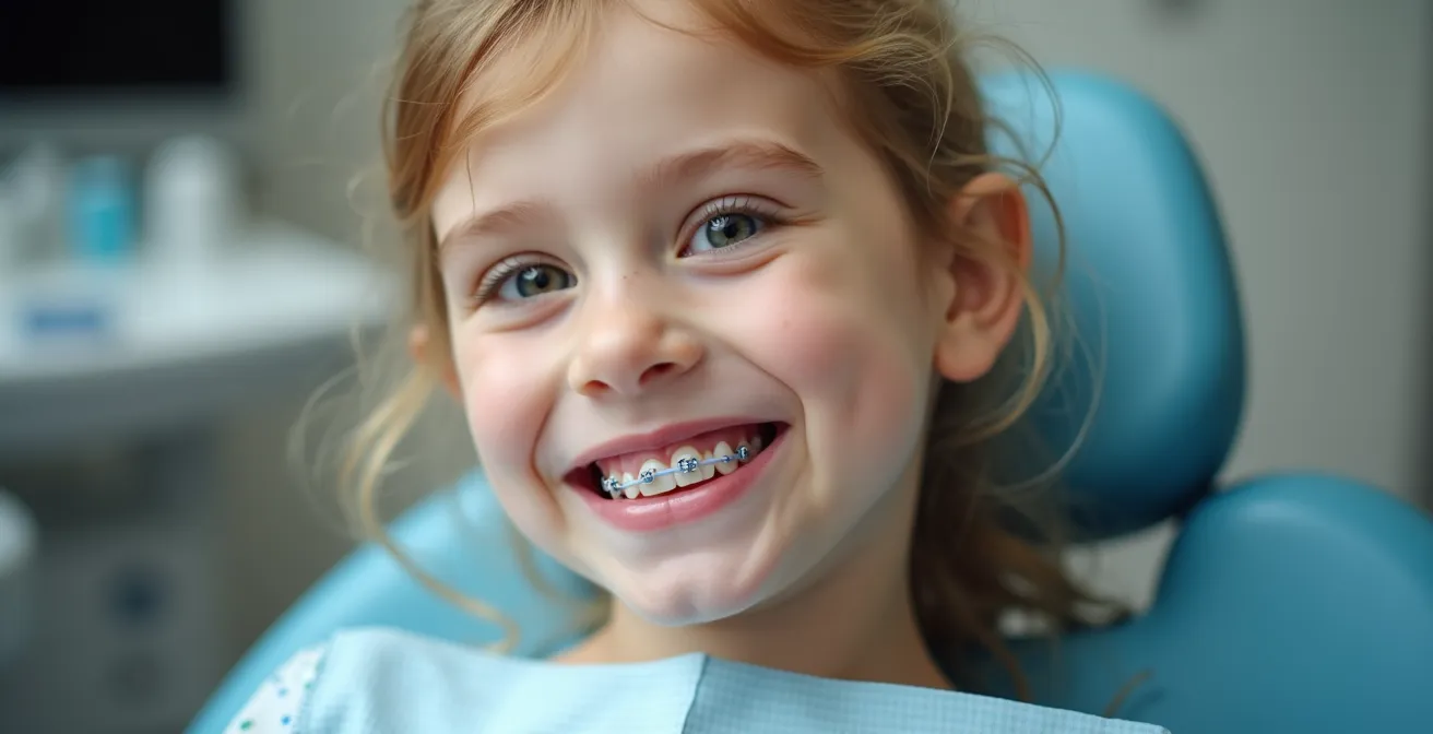 Photo claire d’un enfant avec un appareil orthodontique amovible dans un cabinet au décor épuré, éclairage naturel doux