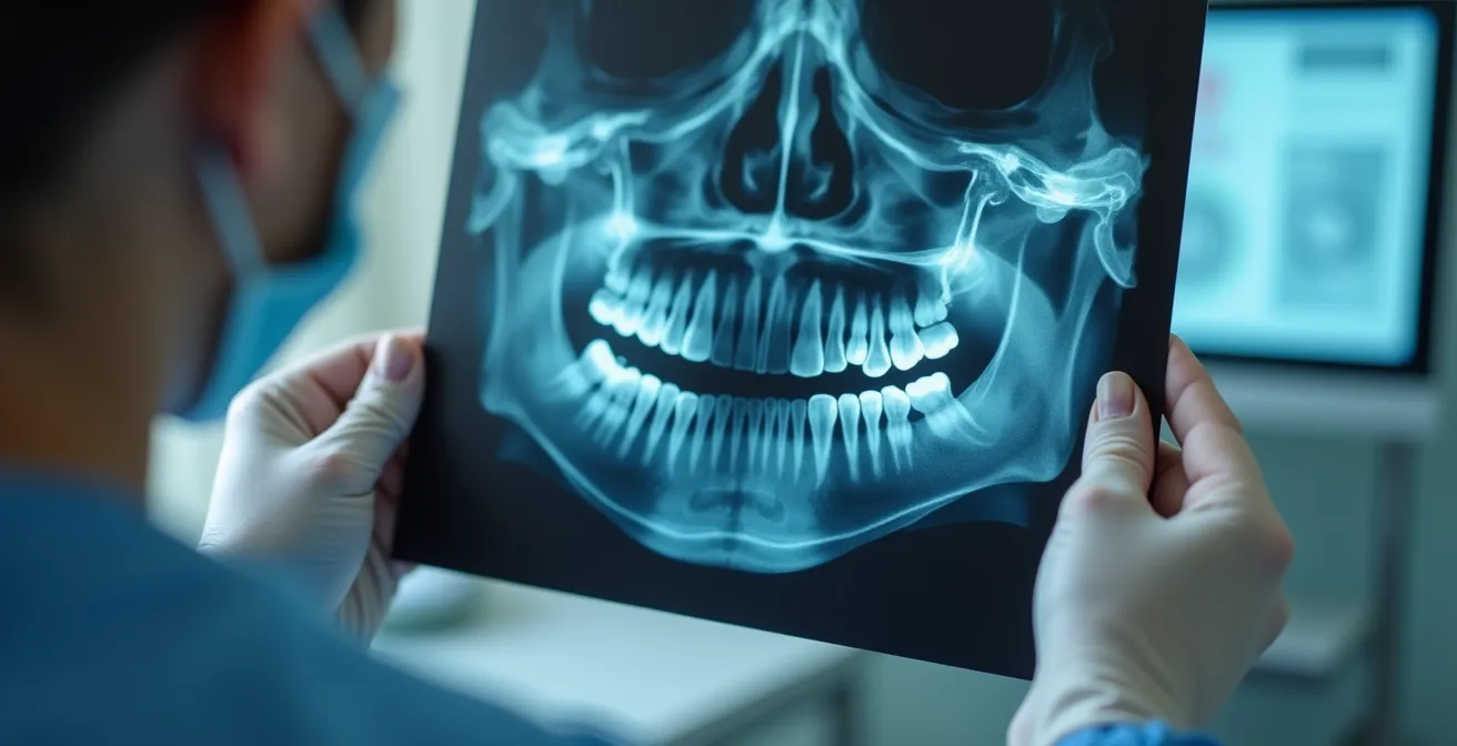 Détail rapproché montrant un orthodontiste analysant une radiographie dentaire d’un enfant, avec lumière douce et textures fines