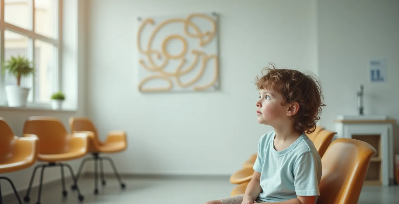 Image conceptuelle d’un enfant assis dans la salle d’attente d’un cabinet orthodontique, reflet d’une attention portée aux signes précoces