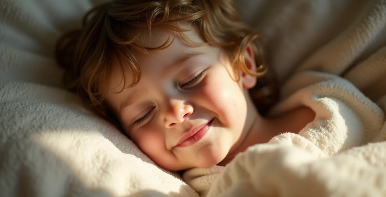 Portrait naturel et lumineux d’un enfant reposé souriant paisiblement après un bon sommeil, ambiance chaleureuse et douce